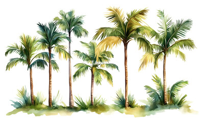 Fototapeta premium Watercolor tropical palm trees with varied leaf structures isolated on white background vintage floral jungle