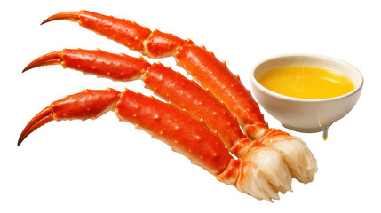 Succulent crab legs paired with a bowl of melted butter on transparent background.