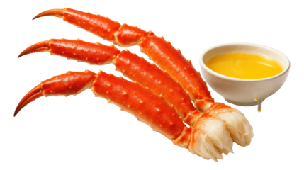 Succulent crab legs paired with a bowl of melted butter on transparent background.