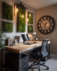 Rustic office space with exposed wood and metal accents.