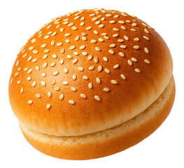 Golden brown sesame seed hamburger bun with a soft, fluffy texture on transparent background.