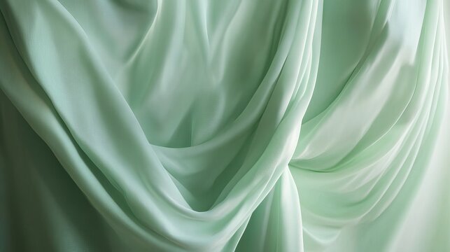 Close up of flowing light green fabric with soft folds and delicate texture creating a smooth pattern