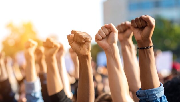 Raised fists with protest, unity, and city.