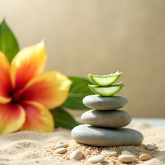 Fototapeta premium Serene Aloe Gel Oasis: Tropical Flowers and Pebble Stack