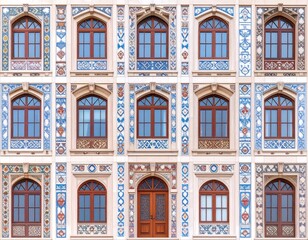 Fototapeta premium A vibrant display of numerous windows adorned with intricate blue and white tiles, showcasing a blend of traditional and contemporary design elements.