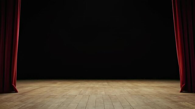 An empty theater stage with open red curtains.