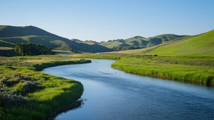 Obraz premium A serene river flowing through a valley surrounded by rolling green hills, with a cloudless sky above, creating a peaceful and beautiful scene