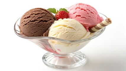 Colorful scoops of ice cream in a glass bowl with a waffle stick and a strawberry.