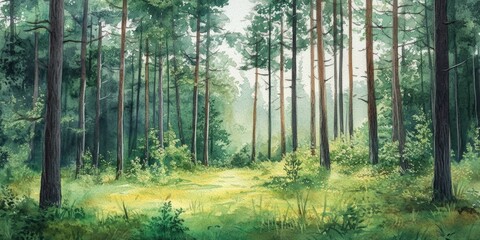 Watercolor painting of green forest woods trees, hand drawn fir and spruce trees, landscape .background illustration