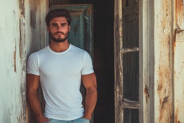 Fototapeta premium a photo of a handsome fit model guy with a blank white canvas long sleeve shirt. pastel blue wall background. Generative AI