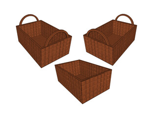 Box, baskets with handles, set of items, 3D models, color drawing, on a transparent background