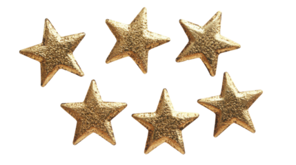 Five golden stars for product rating reviews on white background