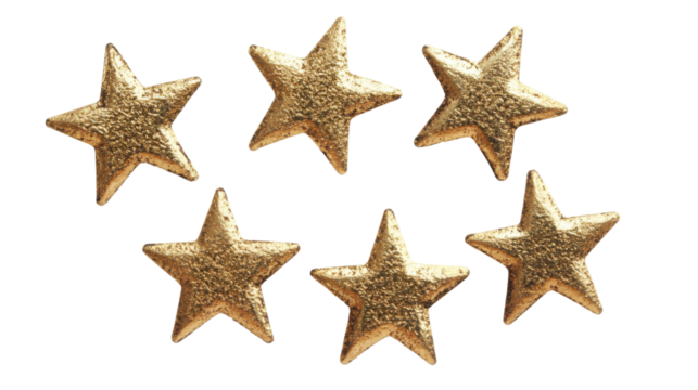 Five golden stars for product rating reviews on white background