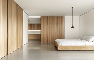 Fototapeta premium Modern, minimalist bedroom interior design featuring light wood accents.