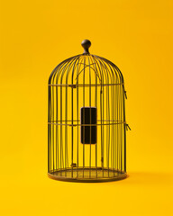 Bird Cage Containing a Single Smartphone on Yellow Background Symbolizing Digital Captivity and Tech Dependence. Generative AI