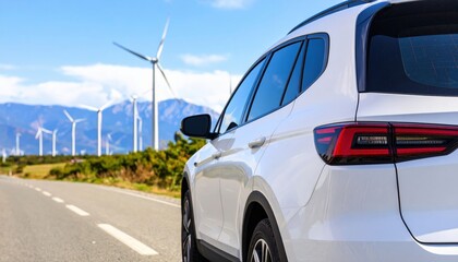 White SUV on Highway with Wind Turbines and Mountains