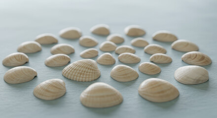 Seashells circular arrangement on light blue surface
