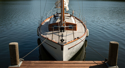 Sailboat moored at wooden dock