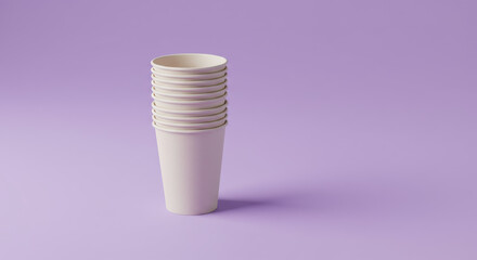 Stack of disposable paper cups on lavender background