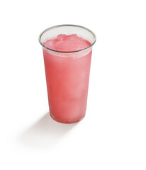 Refreshing pink slush drink in clear plastic cup on white background