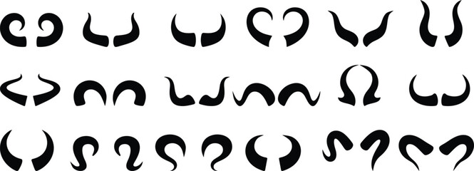 Animal horns silhouette, Horns icon, Set of animal horns silhouette, Collection of different animal horns on white background
