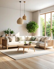 A cozy living room featuring warm wooden floors, bright white walls, and stylish furniture, adorned with colorful cushions and a vibrant area rug.