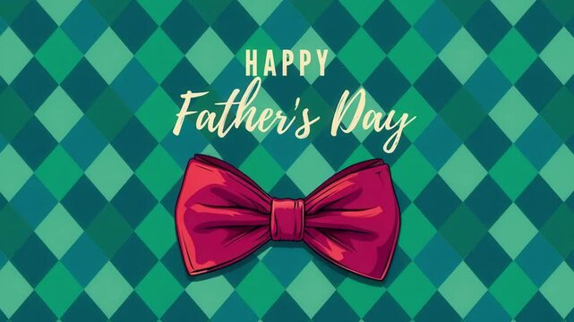 Happy Father&rsquo;s Day greeting card with red bow tie and green diamond pattern background, classic celebration image for dad, holiday design for June event, love and appreciation for fathers