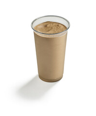 Delicious looking chocolate protein smoothie in a clear plastic cup isolated on white