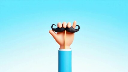 Cartoon hand in blue sleeve holding black mustache on stick against blue background for themes of Father’s Day, fun celebration, dad symbol, humor, and playful family moments - Powered by Adobe