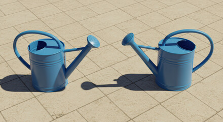 Two blue watering cans on tiles