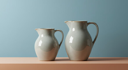 Two light gray pitchers on peach surface