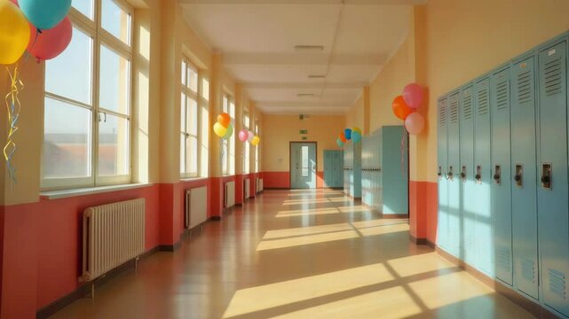 Bright school hallway decorated with colorful balloons and blue lockers for themes of end of school year, graduation celebration, student life, and academic milestones