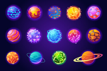 Magic alien planets. Cartoon fantasy planet different surface asteroid ball, galaxy space world cosmic universe orbit ufo cosmos game ui elements set, swanky vector illustration