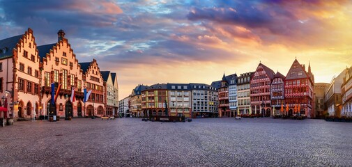 Sunrise view of the old town of Frankfurt, Germany, Roemer with traditional houses and the historic townhall without people