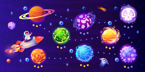 Space game map. Spaceship route through alien planets fantasy gaming ui level, fantasy galaxy universe star sky rocket path road cosmos discovery cartoon swanky vector illustration