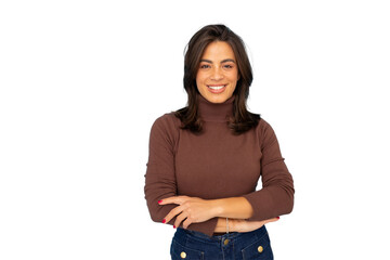 Portrait of a young confident businesswoman smiling with crossed arms on a transparent background