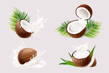 Coconut milk splash. 3d realistic coco oil cream splashes, tropical fruit yogurt drink liquid drop cosmetic concept with palm leaves natural yoghurt, exact vector illustration