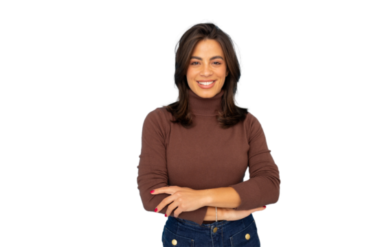 Portrait of a young confident businesswoman smiling with crossed arms on a transparent background