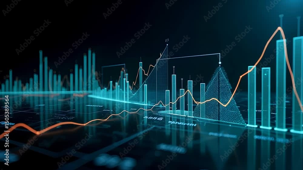 Poster illuminated data visualization with bar graphs and line graph on a dark reflective surface