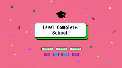 Retro pixel art style game screen with “Level Complete: School!” message, graduation cap, and confetti on pink background for education, achievement, learning, and celebration themes - Powered by Adobe