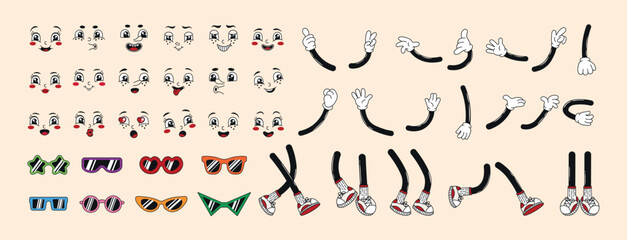 Groovy retro cartoon funky comic psychedelic character parts: legs, hands, faces. Mascot elements, different poses and angles. 60s, 70s, 80s hippie vector illustration set.