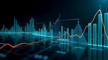 Illuminated data visualization with bar graphs and line graph on a dark reflective surface - Powered by Adobe