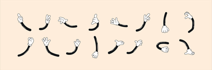 Groovy retro cartoon character hands, arms collection. Funky comic psychedelic mascot elements, parts. 60s, 70s, 80s hippie vector illustration set.