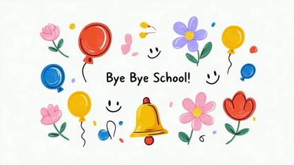 Colorful hand-drawn flowers, balloons, smiley faces, and school bell with "Bye Bye School!" text on white background for themes of school farewell, celebration, graduation, and student events