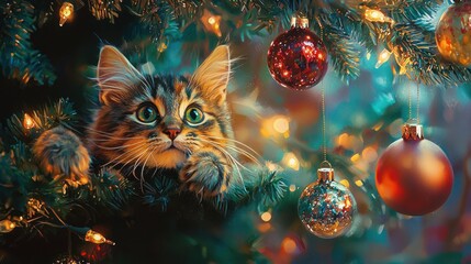 Cute kitten amidst Christmas tree decorations