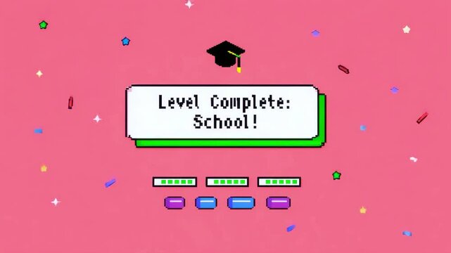 Retro pixel art style game screen with “Level Complete: School!” message, graduation cap, and confetti on pink background for education, achievement, learning, and celebration themes - Powered by Adobe