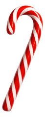 Red and white striped candy cane with a glossy finish on transparent background.