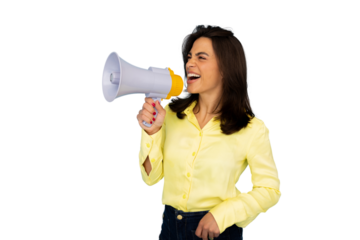 Office worker screaming using a megaphone promoting something important on a transparent background