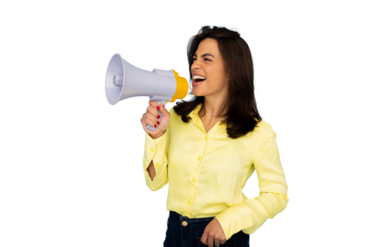 Office worker screaming using a megaphone promoting something important on a transparent background