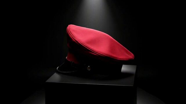 A striking red hat displayed on a pedestal under dramatic lighting, emphasizing its unique design against a dark backdrop